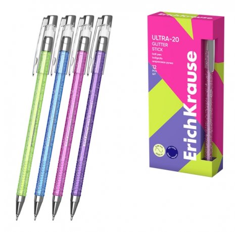 ErichKrause ULTRA-20 Stick Glitter Boligrafo con Capuchon - Modelos Surtidos - Trazo 0.26mm - Tinta de Baja Viscosidad - Tapa Ventilada - Color Azul (12 uds)