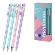 ErichKrause ULTRA-30 Stick and Grip Pastel Boligrafo con Capuchon - Modelos Surtidos - Trazo 0.26mm - Zona de Agarre de Goma - Tinta de Baja Viscosidad - Tapa Ventilada - Color Azul (12 uds)