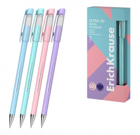 ErichKrause ULTRA-30 Stick and Grip Pastel Boligrafo con Capuchon - Modelos Surtidos - Trazo 0.26mm - Zona de Agarre de Goma - Tinta de Baja Viscosidad - Tapa Ventilada - Color Azul (12 uds)