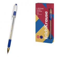 ErichKrause L-30 Gold Stick and Grip Classic Boligrafo con Capuchon - Punta de Aguja 0.7mm - Cuerpo Transparente - Trazo 0.26mm - Zona de Agarre de Goma - Tinta de Secado Rapido - Tapa Ventilada - Color Azul (12 uds)