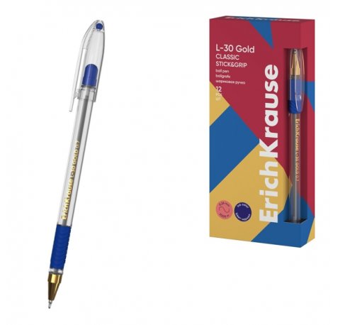 ErichKrause L-30 Gold Stick and Grip Classic Boligrafo con Capuchon - Punta de Aguja 0.7mm - Cuerpo Transparente - Trazo 0.26mm - Zona de Agarre de Goma - Tinta de Secado Rapido - Tapa Ventilada - Color Azul (12 uds)