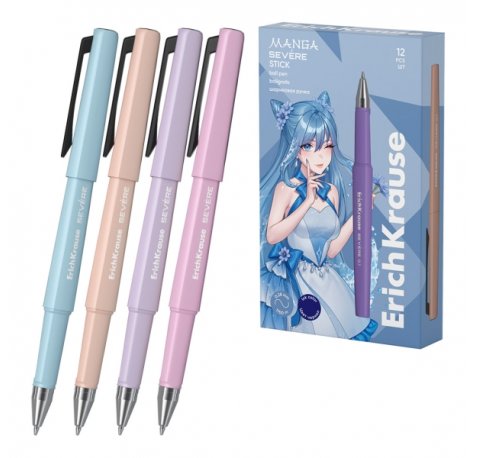 ErichKrause Severe Stick Manga Boligrafo con Capuchon - Modelos Surtidos - Trazo 0.28mm - Tinta de Secado Rapido - Color Azul (12 uds)