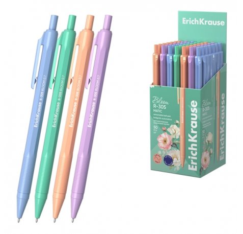 ErichKrause R-305 Matic Pastel Bloom Boligrafo Retractil - Modelos Surtidos - Trazo 0.35mm - Color Azul (50 uds)