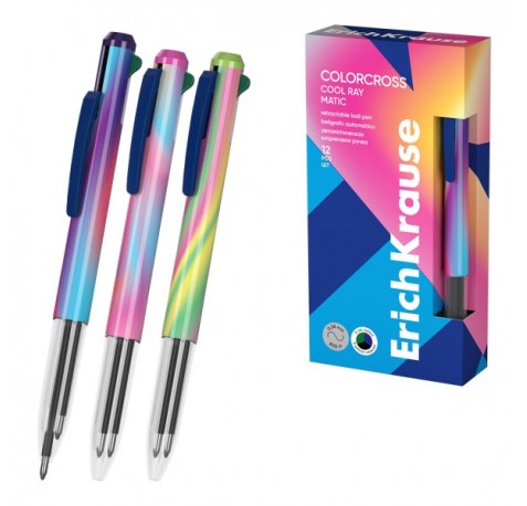 ErichKrause Colorcross Matic Cool Ray Boligrafo 3 en 1 - Punta de 0.7mm - Tinta Azul - Tinta Negra - Tinta Verde - Trazo 0.28mm - Colores Surtidos (12 uds)