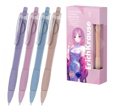 ErichKrause Butterfly Matic and Grip Manga Boligrafo Retractil - Modelos Surtidos - Trazo 0.28mm - Zona de Agarre de Goma - Color Azul (12 uds)