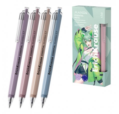 ErichKrause Essential Matic Manga Boligrafo Retractil - Modelos Surtidos - Trazo 0.28mm - Color Azul (12 uds)