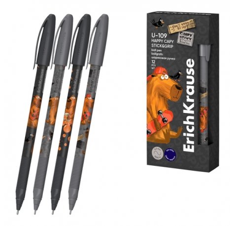 ErichKrause U-109 Stick and Grip Happy Capy Boligrafo con Capuchon - Modelos Surtidos - Trazo 0.3mm - Zona de Agarre de Goma - Tinta de Baja Viscosidad - Tapa Ventilada - Color Azul (12 uds)