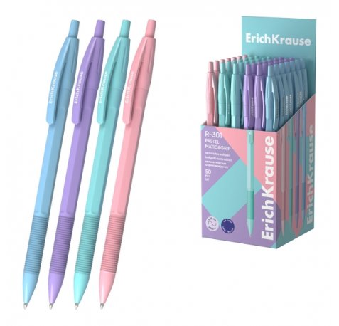 ErichKrause R-301 Matic and Grip Pastel Boligrafo Retractil - Modelos Surtidos - Trazo 0.35mm - Zona de Agarre de Goma - Color Azul (50 uds)