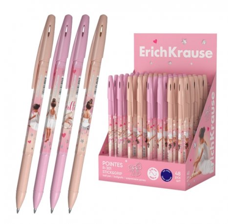 ErichKrause R-301 Stick and Grip Pointes Expositor con 48 Boligrafos con Capuchon - Modelos Surtidos - Trazo 0.35mm - Zona de Agarre de Goma - Tinta de Secado Rapido - Tapa Ventilada - Color Azul