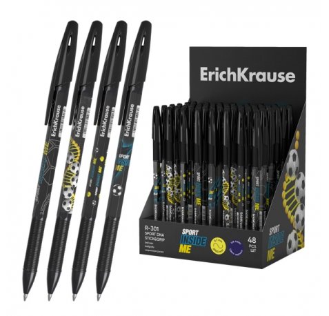 ErichKrause R-301 Stick and Grip Sport DNA Expositor con 48 Boligrafos con Capuchon - Modelos Surtidos - Trazo 0.35mm - Zona de Agarre de Goma - Tinta de Secado Rapido - Tapa Ventilada - Color Azul