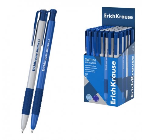 ErichKrause Switch Matic and Grip Boligrafo Retractil - Modelos Surtidos - Trazo 0.28mm - Zona de Agarre de Goma - Color Azul (50 uds)