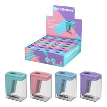 ErichKrause City Mini Expositor con 28 Sacapuntas con Contenedor - Plastico - Cuchilla Niquelada de Acero al Carbono - Orificio de 8mm - Colores Surtidos