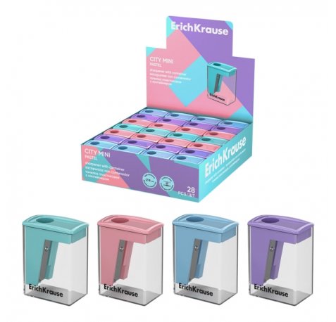 ErichKrause City Mini Expositor con 28 Sacapuntas con Contenedor - Plastico - Cuchilla Niquelada de Acero al Carbono - Orificio de 8mm - Colores Surtidos