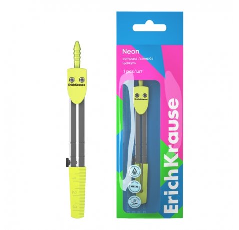 ErichKrause Neon Compas Escolar - Cuerpo Metalico - 120mm de Longitud - Radio Maximo de 180mm - Bolsa de Polietileno - Color Amarillo