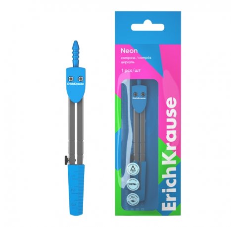 ErichKrause Neon Compas Escolar - Cuerpo Metalico - 120mm de Longitud - Radio Maximo de 180mm - Bolsa de Polietileno - Color Azul