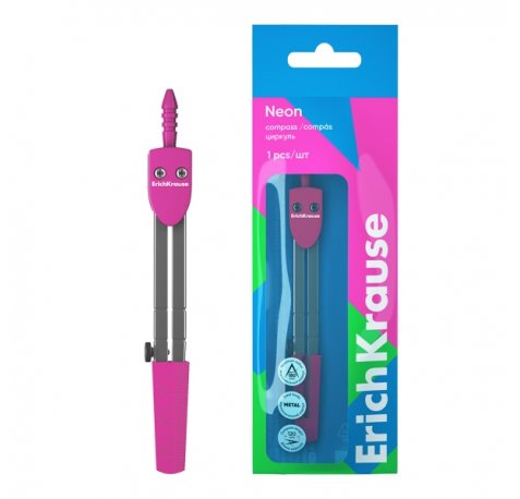 ErichKrause Neon Compas Escolar - Cuerpo Metalico - 120mm de Longitud - Radio Maximo de 180mm - Bolsa de Polietileno - Color Rosa