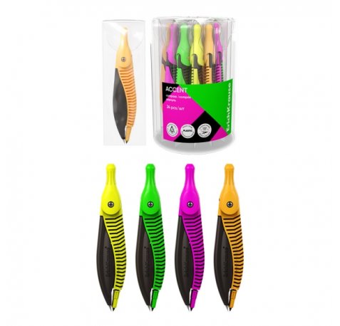 ErichKrause Accent Compas Escolar - Cuerpo de Plastico - Estuche de PVC - 122mm de Longitud - Radio Maximo de 150mm - Colores Surtidos (24 uds)