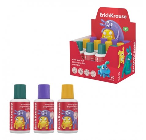 ErichKrause Jolly Friends Expositor con 12 Botellas de Cola Blanca PVA - Pincel Integrado - 20ml - No Toxico - Facil de Lavar - Secado Rapido - Multisuperficie - Color Blanco