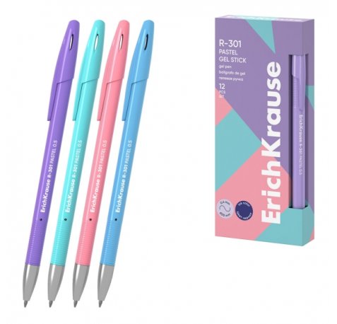 ErichKrause R-301 Gel Stick Pastel Boligrafo con Capuchon - Modelos Surtidos - Trazo 0.4mm - Tinta de Gel - Resistente al Agua - Secado Rapido - Tapa Ventilada - Color Azul (12 uds)