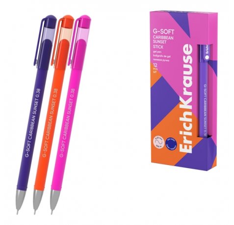 ErichKrause G-Soft Stick Caribbean Sunset Boligrafo con Capuchon - Modelos Surtidos - Trazo 0.25mm - Tinta de Gel - Resistente al Agua - Secado Rapido - Color Azul (12 uds)