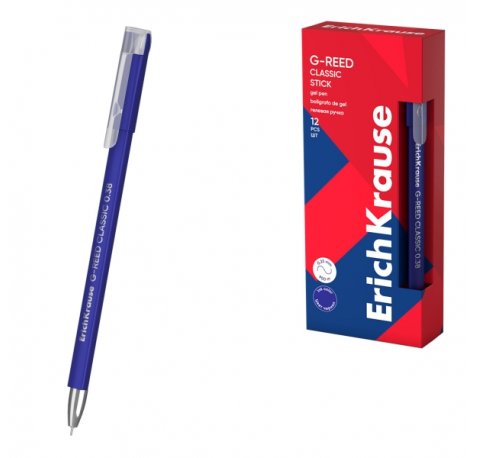 ErichKrause G-Reed Stick Classic Boligrafo con Capuchon - Punta de 0.38mm - Trazo 0.25mm - Tinta de Gel - Resistente al Agua - Secado Rapido - Tapa Ventilada - Color Azul (12 uds)