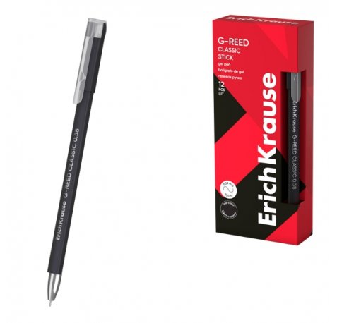 ErichKrause G-Reed Stick Classic Boligrafo con Capuchon - Punta de 0.38mm - Trazo 0.25mm - Tinta de Gel - Resistente al Agua - Secado Rapido - Tapa Ventilada - Color Negro (12 uds)