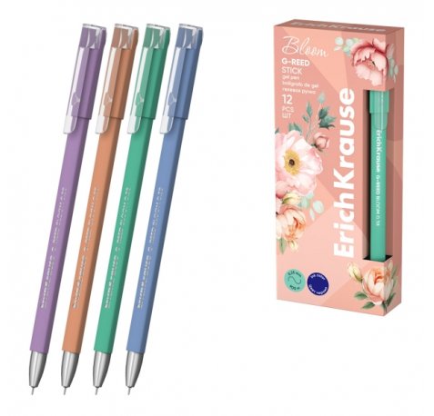 ErichKrause G-Reed Stick Pastel Bloom Boligrafo con Capuchon - Modelos Surtidos - Trazo 0.25mm - Tinta de Gel - Resistente al Agua - Secado Rapido - Tapa Ventilada - Color Azul (12 uds)