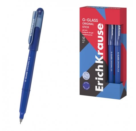 ErichKrause G-Glass Stick Original Boligrafo con Capuchon - Punta de 0.5mm - Trazo 0.4mm - Tinta de Gel - Resistente al Agua - Secado Rapido - Tapa Ventilada - Color Azul (12 uds)