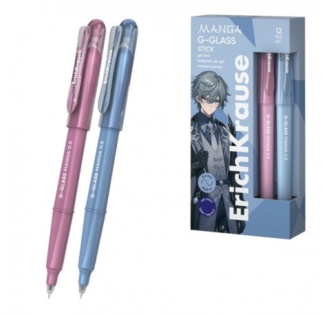 ErichKrause G-Glass Stick Manga Boligrafo con Capuchon - Modelos Surtidos - Trazo 0.4mm - Tinta de Gel - Resistente al Agua - Secado Rapido - Tapa Ventilada - Color Azul (12 uds)