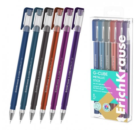 ErichKrause G-Cube Stick Metallic Pack de 6 Boligrafos con Capuchon - Punta de 1.0mm - Trazo 0.9mm - Tapa Ventilada - Colores Surtidos