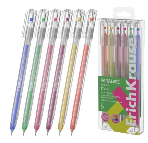 ErichKrause Paradise Stick Neon Pack de 6 Boligrafos con Capuchon - Punta de 0.6mm - Cuerpo Transparente - Trazo 0.5mm - Tinta de Secado Rapido - Tapa Ventilada - Colores Surtidos