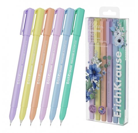 ErichKrause Paradise Stick Pastel Bloom Pack de 6 Boligrafos con Capuchon - Punta de 0.5mm - Trazo 0.4mm - Tapa Ventilada - Colores Surtidos
