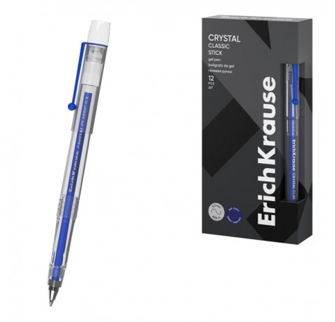 ErichKrause Crystal Stick Classic Boligrafo con Capuchon - Punta de 0.5mm - Trazo 0.4mm - Tinta de Gel - Resistente al Agua - Secado Rapido - Color Azul (12 uds)