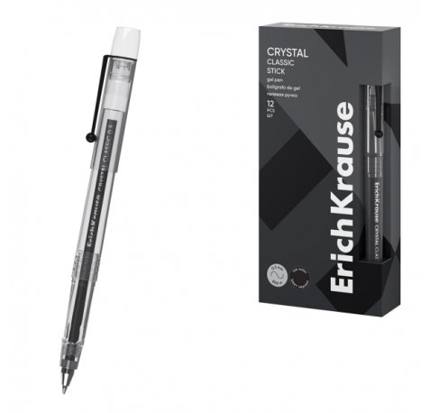 ErichKrause Crystal Stick Classic Boligrafo con Capuchon - Punta de 0.5mm - Trazo 0.4mm - Tinta de Gel - Resistente al Agua - Secado Rapido - Color Negro (12 uds)