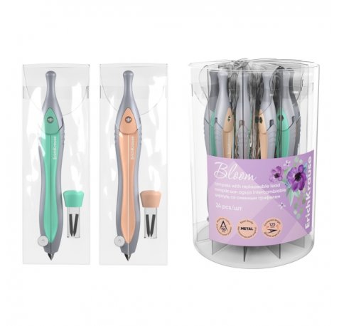 ErichKrause Pastel Bloom Compas Escolar - Mina de Repuesto - Cuerpo Metalico - Estuche de PVC - 125mm de Longitud - Radio Maximo de 150mm - Colores Surtidos (24 uds)