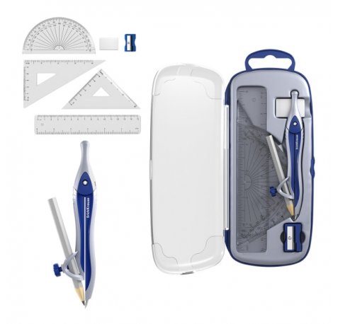 ErichKrause Classic Pack Escolar de Dibujo - Compas - Regla de 15cm - Escuadra - Cartabon - Transportador de Angulos - Goma de Borrar - Sacapuntas - Estuche de Transporte - Color Azul
