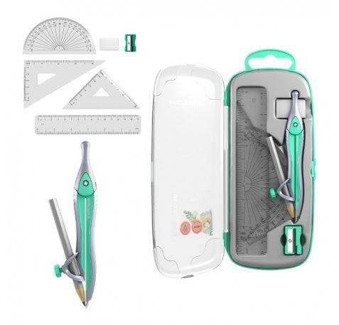 ErichKrause Pastel Bloom Pack Escolar de Dibujo - Compas - Regla de 15cm - Escuadra - Cartabon - Transportador de Angulos - Goma de Borrar - Sacapuntas - Estuche de Transporte - Color Verde