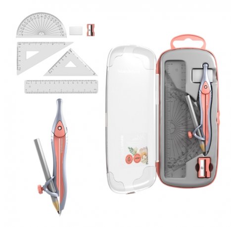 ErichKrause Pastel Bloom Pack Escolar de Dibujo - Compas - Regla de 15cm - Escuadra - Cartabon - Transportador de Angulos - Goma de Borrar - Sacapuntas - Estuche de Transporte - Color Melocoton