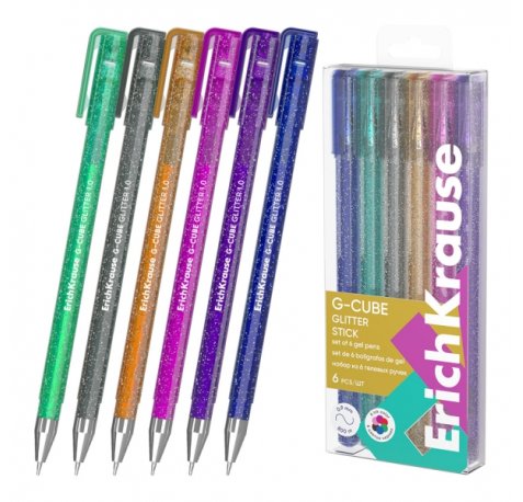 ErichKrause G-Cube Stick Glitter Pack de 6 Boligrafos con Capuchon - Punta de 1.0mm - Trazo 0.9mm - Tapa Ventilada - Colores Surtidos