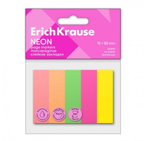 ErichKrause Neon Pack de 5 Blocs de 100 Marcadores de Pagina - Reposicionables - Papel de 75g/m2 - 15X50mm - Colores Surtidos