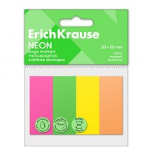 ErichKrause Neon Pack de 4 Blocs de 50 Marcadores de Pagina - Reposicionables - Papel de 75g/m2 - 20X50mm - Pegamento a Base de Agua - Colores Surtidos