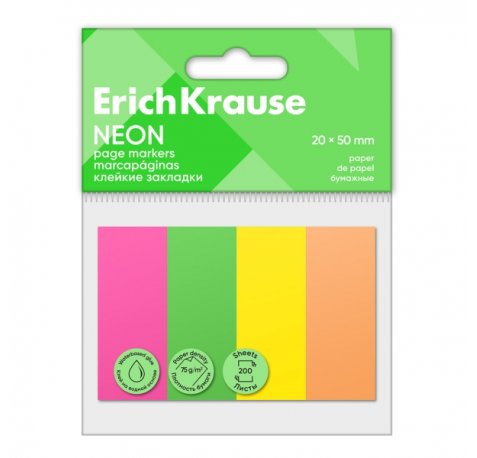 ErichKrause Neon Pack de 4 Blocs de 50 Marcadores de Pagina - Reposicionables - Papel de 75g/m2 - 20X50mm - Pegamento a Base de Agua - Colores Surtidos