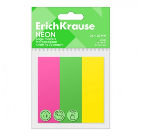 ErichKrause Neon Pack de 3 Blocs de 100 Marcadores de Pagina - Reposicionables - Papel de 75g/m2 - 25X75mm - Colores Surtidos