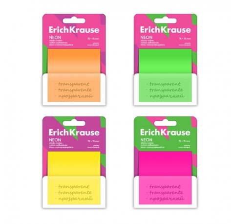 ErichKrause Neon Bloc de 50 Notas Adhesivas Reposicionables - Plastico - 75x75mm - Pegamento a Base de Agua - Colores Surtidos