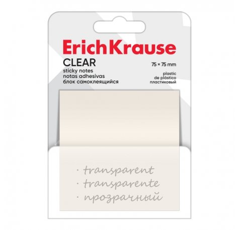 ErichKrause Clear Bloc de 50 Notas Adhesivas Reposicionables - Plastico - 75x75mm - Pegamento a Base de Agua - Color Transparente