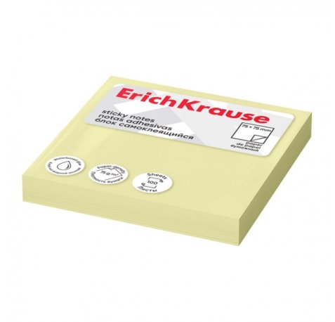 ErichKrause Bloc de 100 Notas Adhesivas Reposicionables - Papel de 75g/m2 - 75x75mm - Pegamento a Base de Agua - Color Amarillo (12 uds)