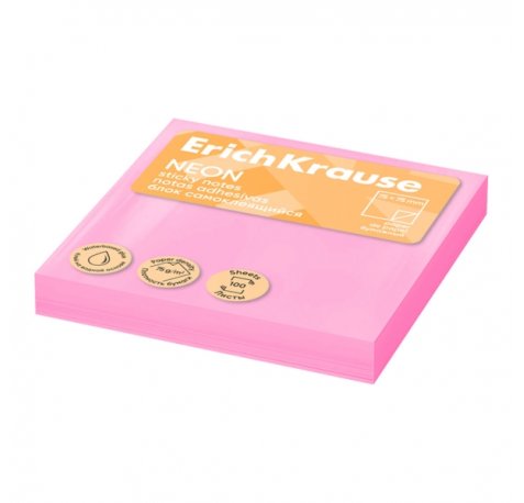 ErichKrause Neon Bloc de 100 Notas Adhesivas Reposicionables - Papel de 75g/m2 - 75x75mm - Pegamento a Base de Agua - Color Rosa (12 uds)
