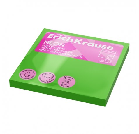 ErichKrause Neon Bloc de 100 Notas Adhesivas Reposicionables - Papel de 75g/m2 - 75x75mm - Pegamento a Base de Agua - Color Verde (12 uds)