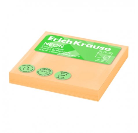 ErichKrause Neon Bloc de 100 Notas Adhesivas Reposicionables - Papel de 75g/m2 - 75x75mm - Pegamento a Base de Agua - Color Naranja (12 uds)
