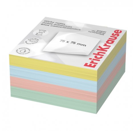ErichKrause Bloc de 400 Notas Adhesivas Reposicionables - Papel de 75g/m2 - 75x75mm - Pegamento a Base de Agua - Colores Surtidos (6 uds)